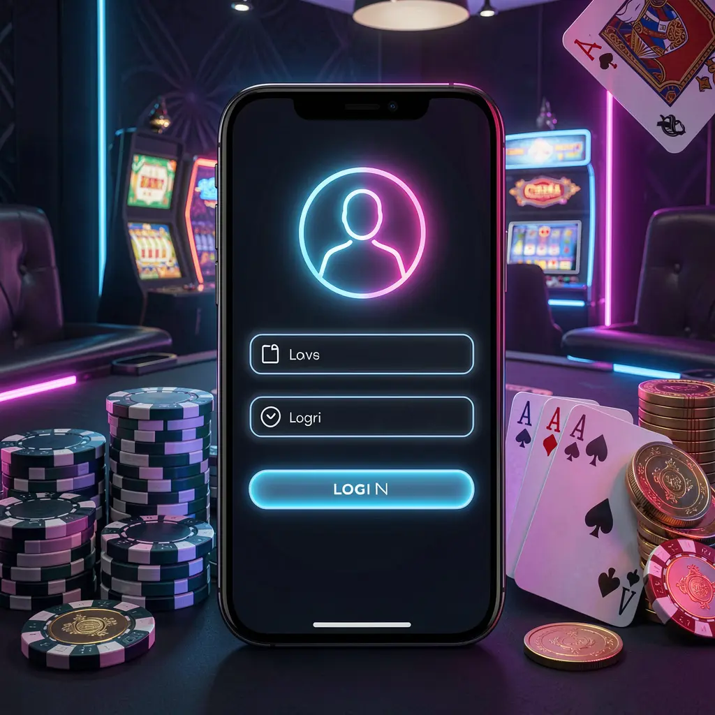 QQTK casino app login scene on a smartphone with a glowing user profile icon, surrounded by chips, cards, and coins against an elegant dark background with neon highlights