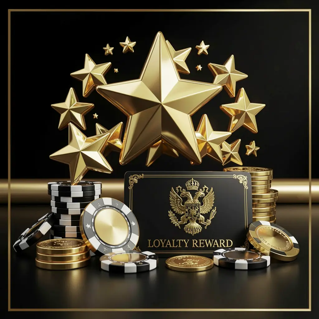 QQTK loyalty rewards casino image featuring golden stars, poker chips, coins, and a luxury reward card against an elegant black and gold background in a realistic 3D render