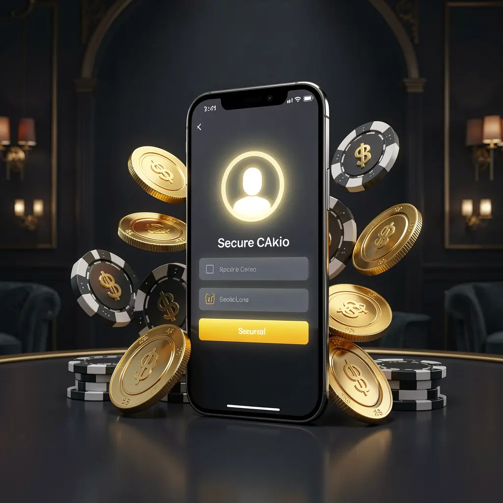QQTK online casino login page hero banner featuring a modern smartphone with a secure login screen, glowing user profile icon, golden coins and poker chips around it on a dark luxury background