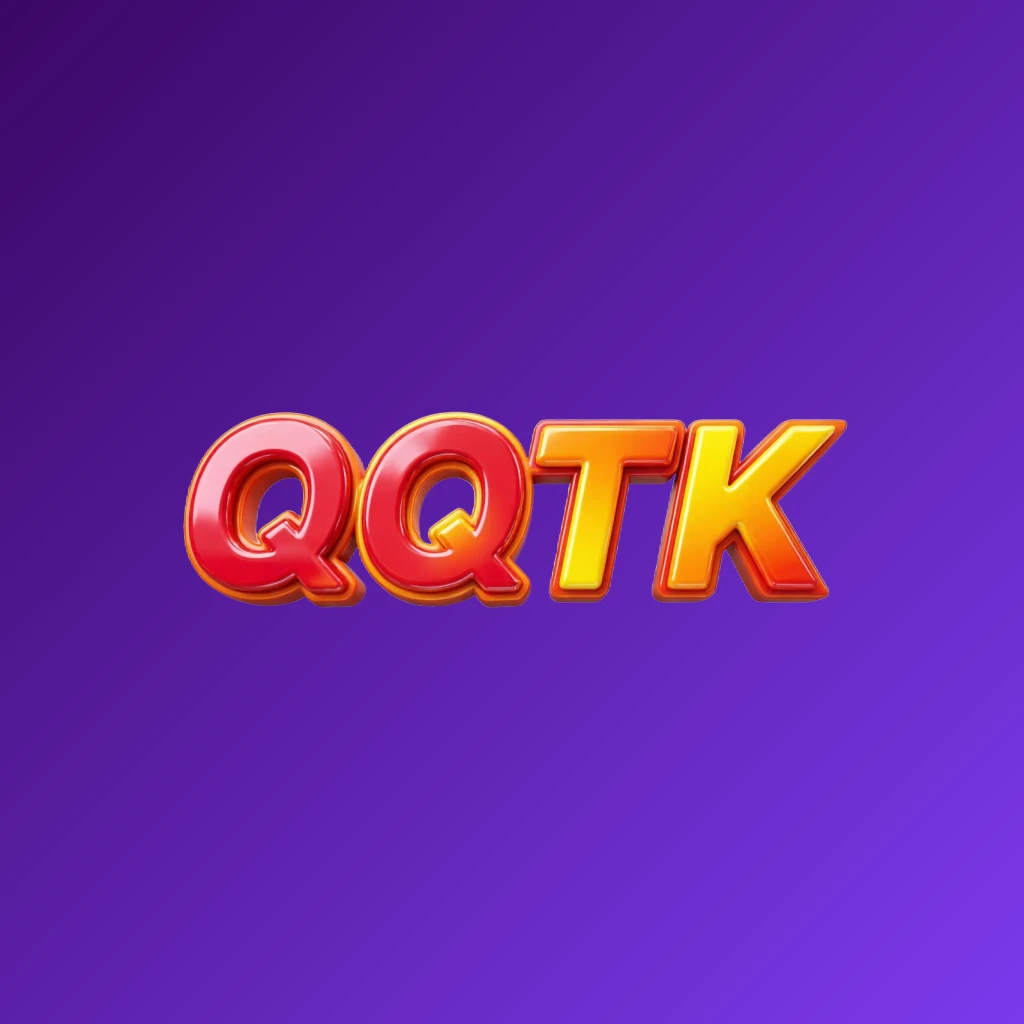 Vibrant QQTK logo with bold heavy typography in bright red, yellow, and orange colors featuring a glossy 3D effect on a transparent background, designed as a wide horizontal rectangular wordmark for a modern energetic website header