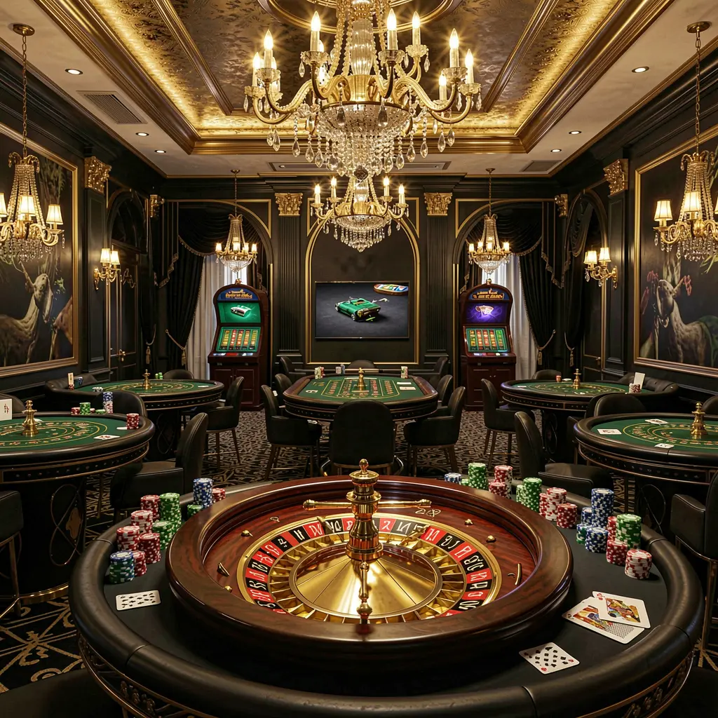 Luxury online casino lobby scene with glowing roulette tables, golden lights, poker chips and cards in a premium black and gold design featuring QQTK branding